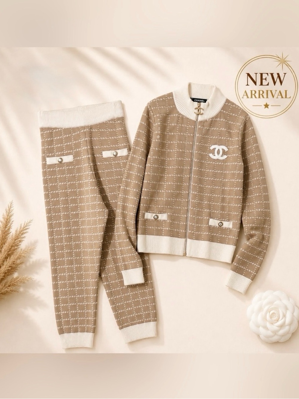 🤎 Women’s Beige & Ivory Knit Two-Piece Cardigan & Pants Set🤎